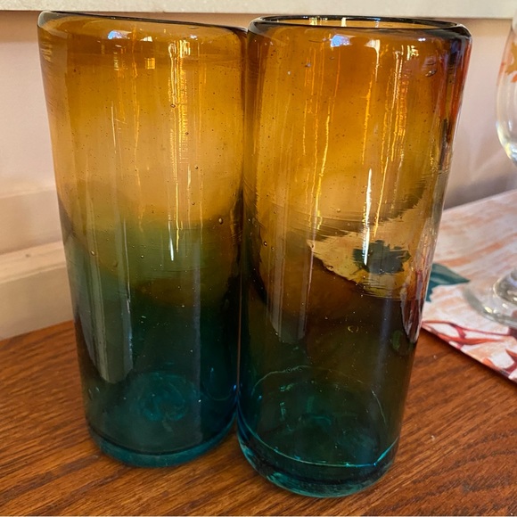 2 Hand Blown Tall Glasses Ombré Teal & Gold 6.25” Tall - Picture 2 of 4